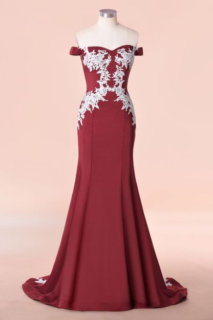 Mermaid Off The Shoulder Sweet Heart Lace Appliques Bridesmaid Dresses | Long Burgundy Gowns With Sweep Train-Babyonlinewholesale