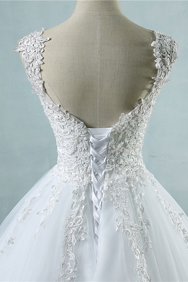 Cap sleeves White Puffy Ball Gown Wedding Dresses