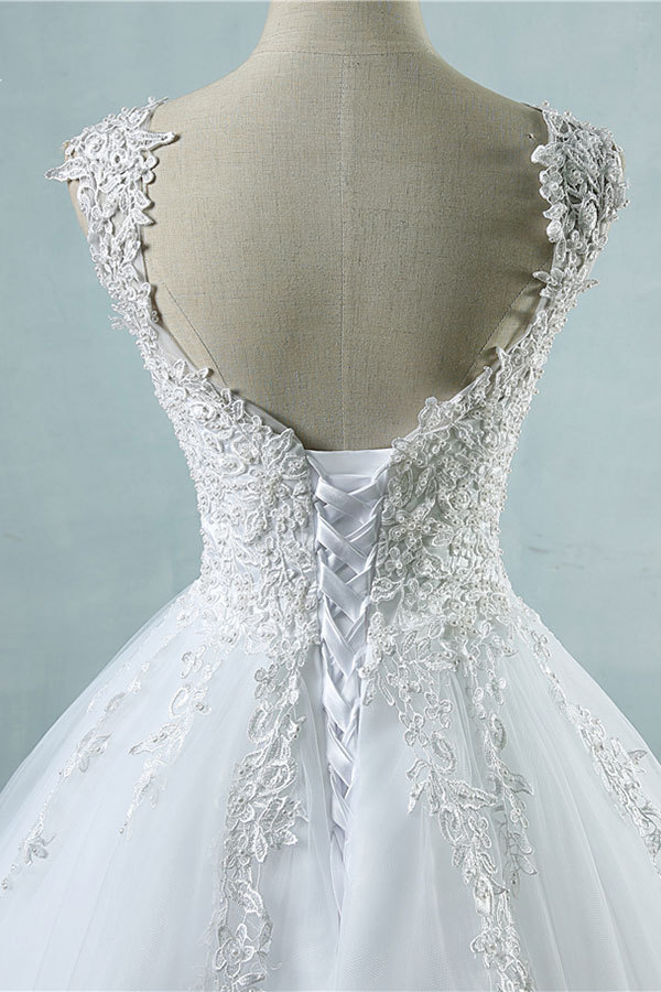 Cap sleeves White Puffy Ball Gown Wedding Dresses