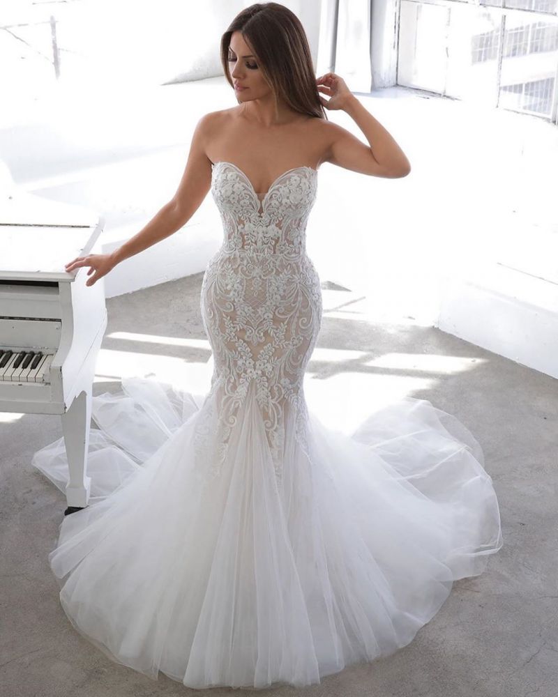 Simple Summer style White Sweetheart Mermaid Lace Wedding Dress Online