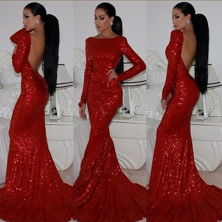 Red Evening Dresses Bateau Sequined Prom Dress Long Sleeve Elegant Mermaid Evening Gowns