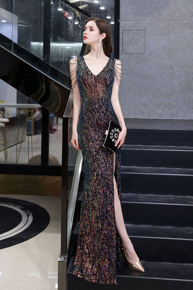 Sparkle V-neck High split Sleeveless Black Evening Dress Online