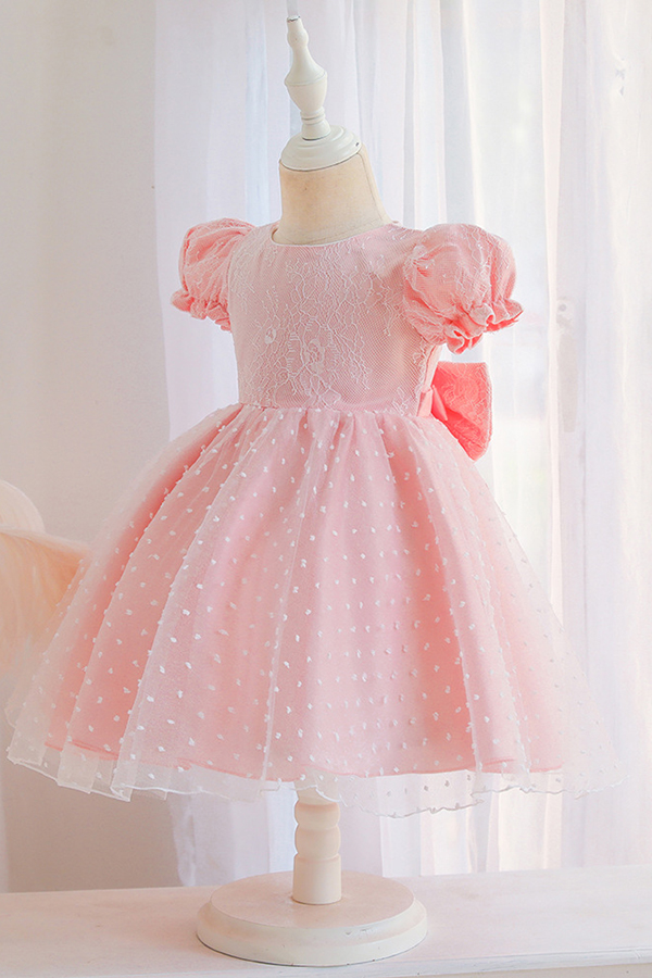 Bubble sleeves A-line hot pink cute flower girl dress