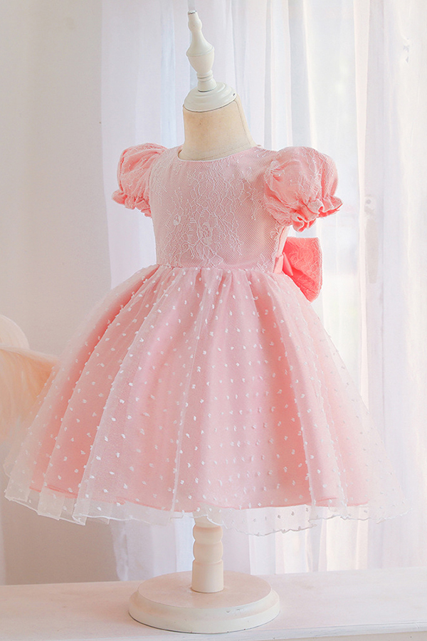 Bubble sleeves A-line hot pink cute flower girl dress