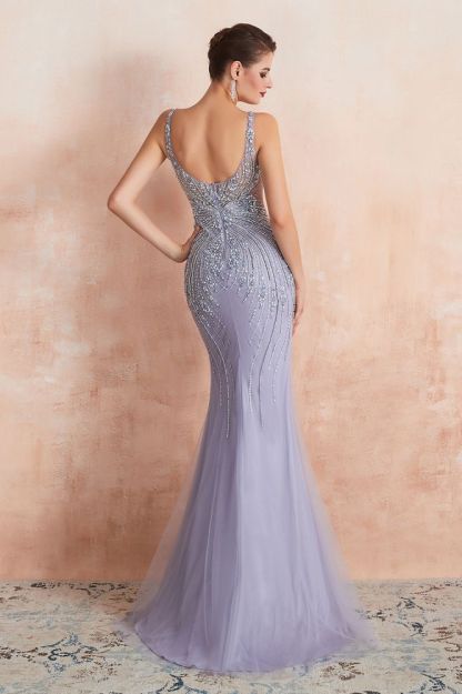 Chipo | Luxury Illusion neck Lavender White Beads Prom Dress Online, Expensive Low back Column Evening Gowns-Babyonlinewholesale