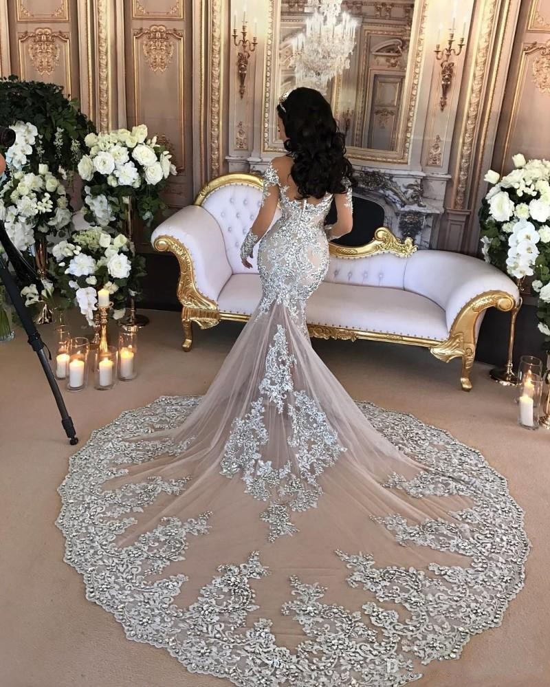 Elegant High neck Long sleeves Mermaid Wedding Dress | Silver Tulle Bridal Gowns with Lace Appliques