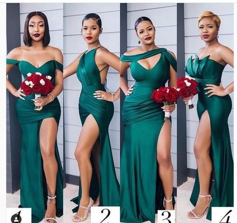 Unique Off-the-shoulder Strapless Emerald Green Elastic Satin Long Bridesmaid Dress