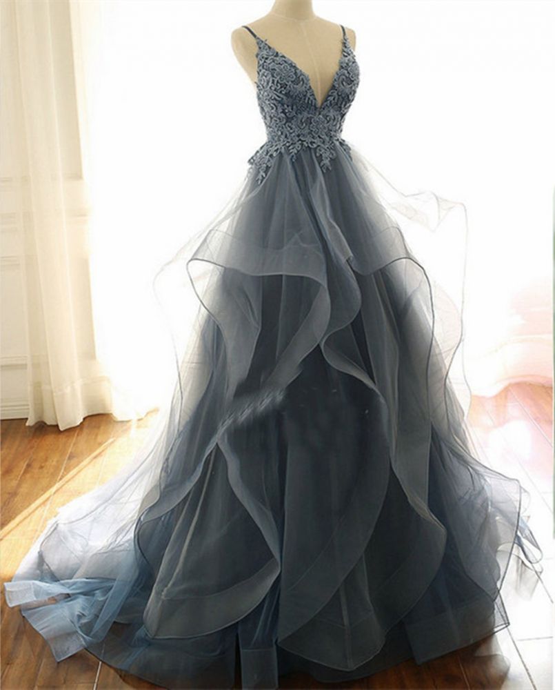 Gray Evening Dresses Tulle V Neck Ruffles Long Spaghetti Lace Beading Prom Dress