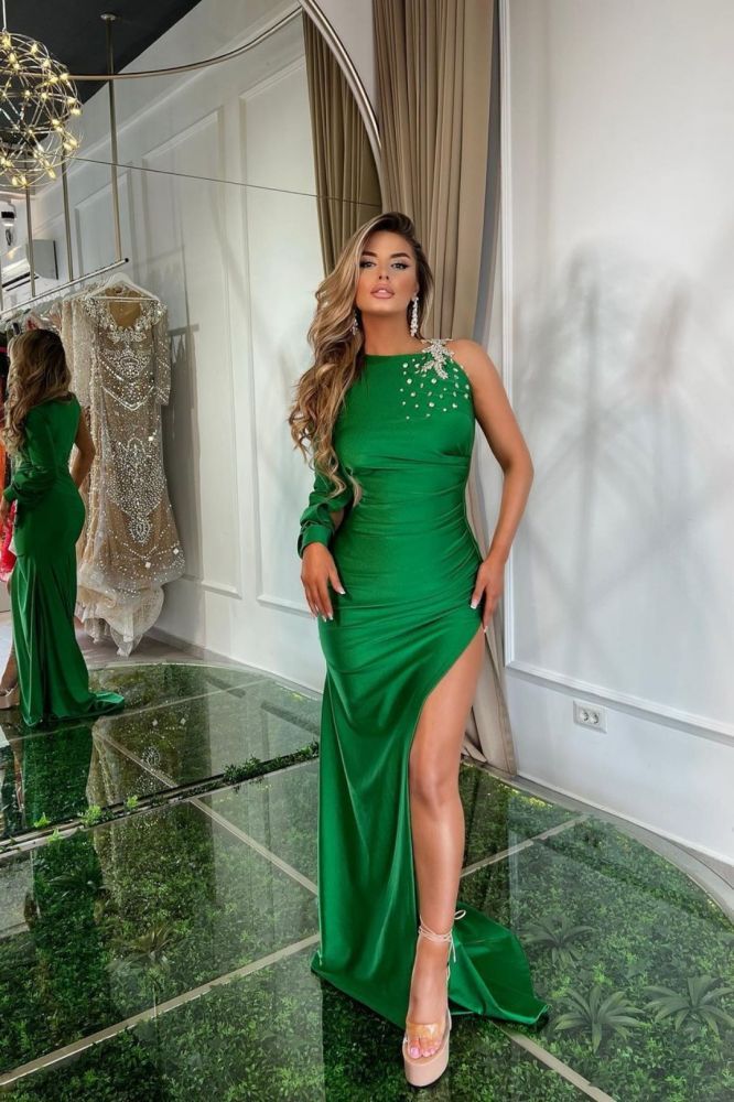 Emerald Green High neck Column High Split Prom Dresses
