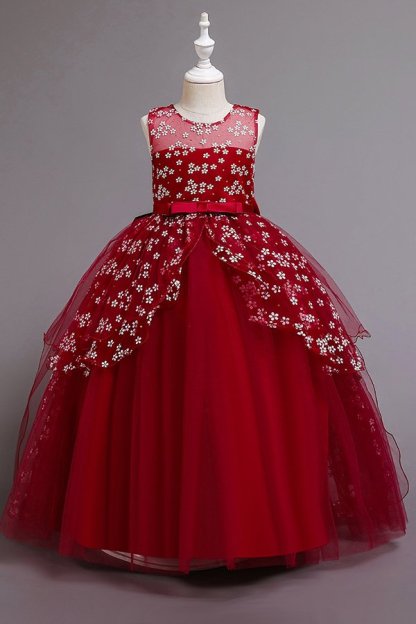 Illusion neck burgundy a-line ankle length flower girl dress