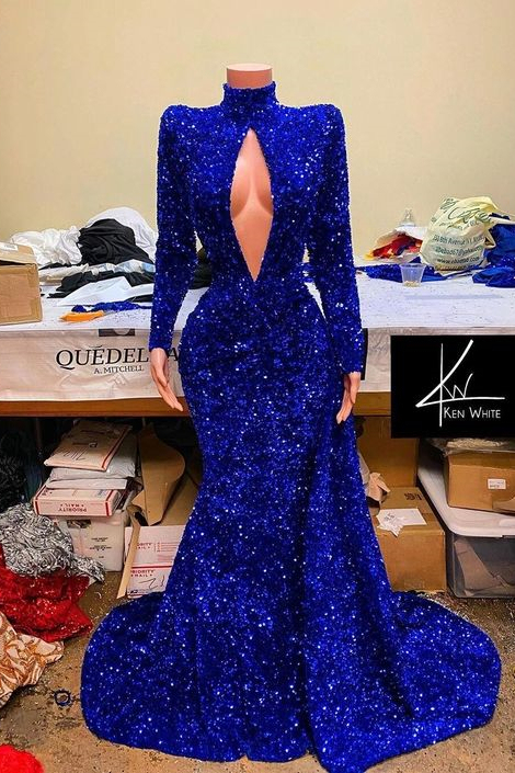 High neck Keyhole Mermaid Long sleeves Sequin Prom Dresses