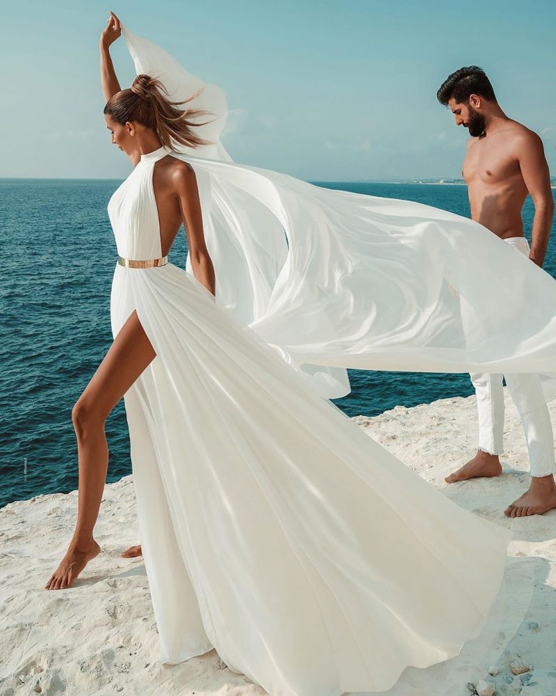 Halter White Chiffon Beach Wedding Dress Long Simple Bridal Dress with Split