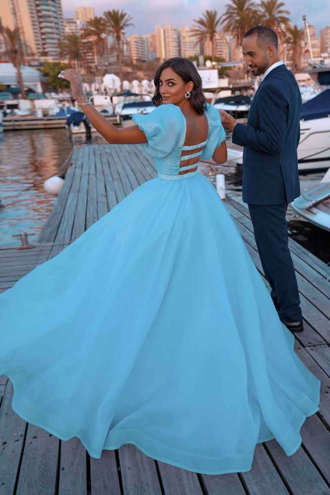 Bright Blue Puffy Sleeve Mermaid Prom Dress with Detachable Train