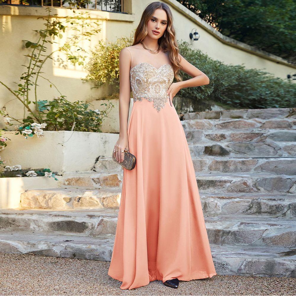 Sleeveless Lace Appliques Long Prom Dresses Chiffon Evening Party Gown