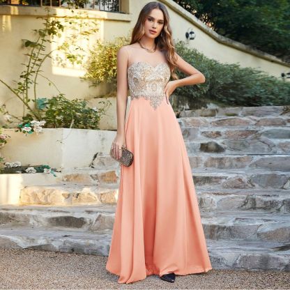 Sleeveless Lace Appliques Long Prom Dresses Chiffon Evening Party Gown