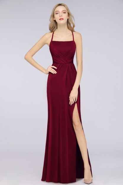 Spandex Lace Mermaid Spaghetti-Straps Sleeveless Long Bridesmaid Dress with Ruffle