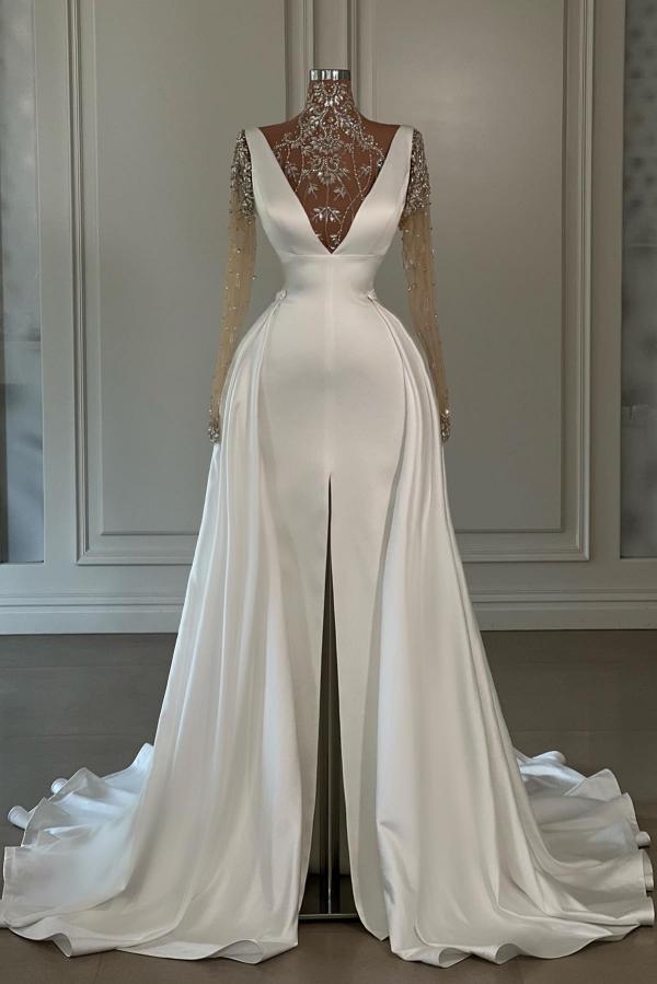 V-neck White Mermaid Court Train Prom Dresses