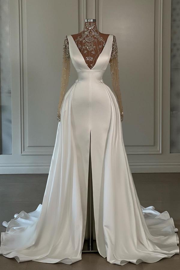 V-neck White Mermaid Court Train Prom Dresses