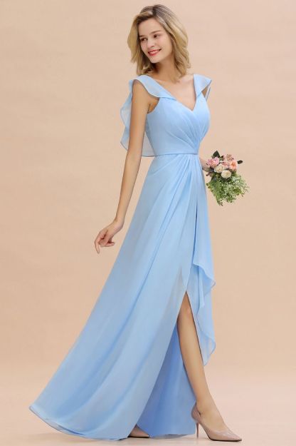 Candance | Simple Hi-Lo V-Neck Ruffles Long Bridesmaid Dress Online