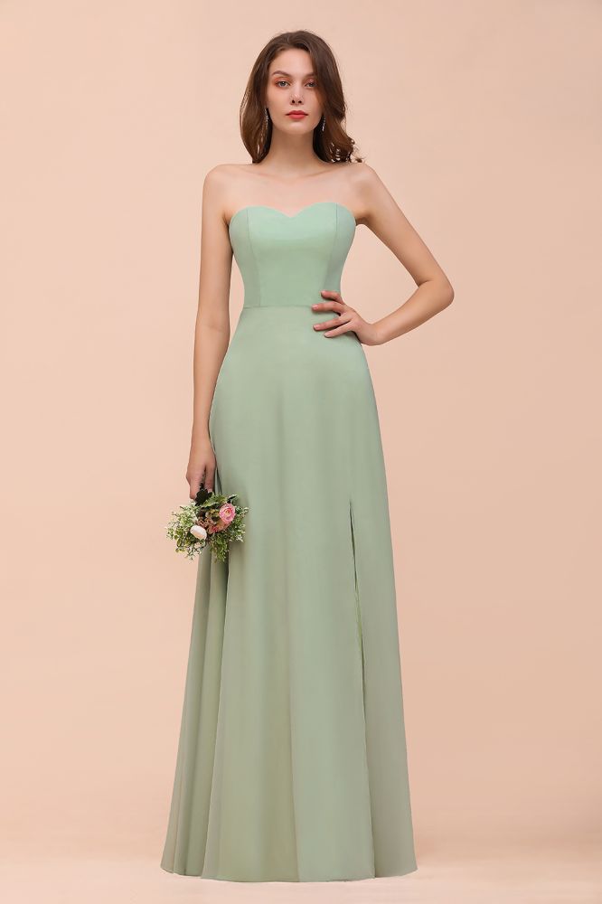 Sage Sleeveless Slim Long Bridesmaid Dress Side Slit
