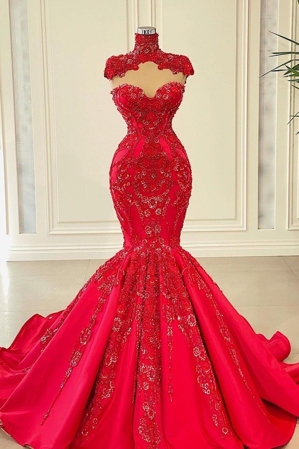High neck mermaid red sweetheart lace prom dress