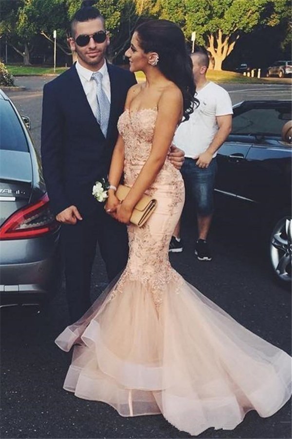 Strapless Mermaid Lace Appliques Ruffled Tulle Pink Prom Dresses