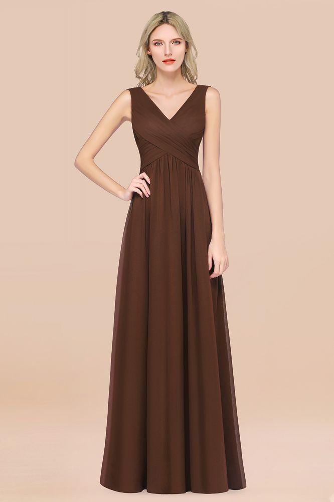 Chiffon A-Line Straps V-Neck Sleeveless Long Bridesmaid Dress with Ruffles