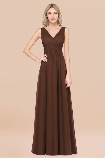 Chiffon A-Line Straps V-Neck Sleeveless Long Bridesmaid Dress with Ruffles