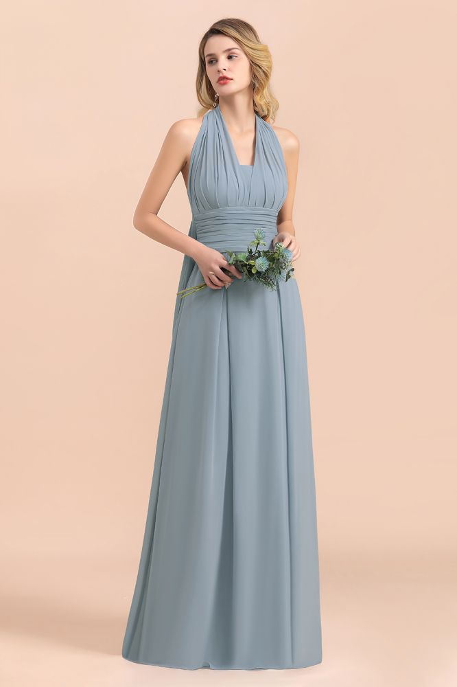 Grey Blue V-Neck Sleeveless Aline Wedding Guest Dress Simple Bridesmaid Dress Floor Length