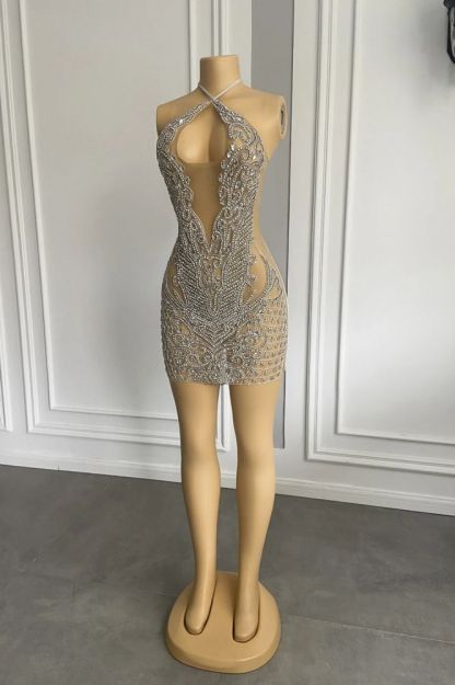 Sexy Halter Sleeveless Short Sheath Sequined Prom Dresses with Rhinestones