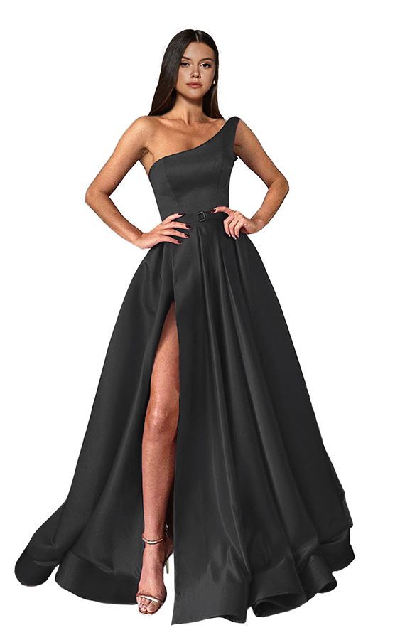 One shoulder Burgundy High Split A-line Ball Gown Prom Dresses