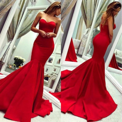 Sey Red Satin Mermaid Sleeveless Sweetheart Floor Length Backless Prom Dresses | Evening Gowns With Zipper-Babyonlinewholesale