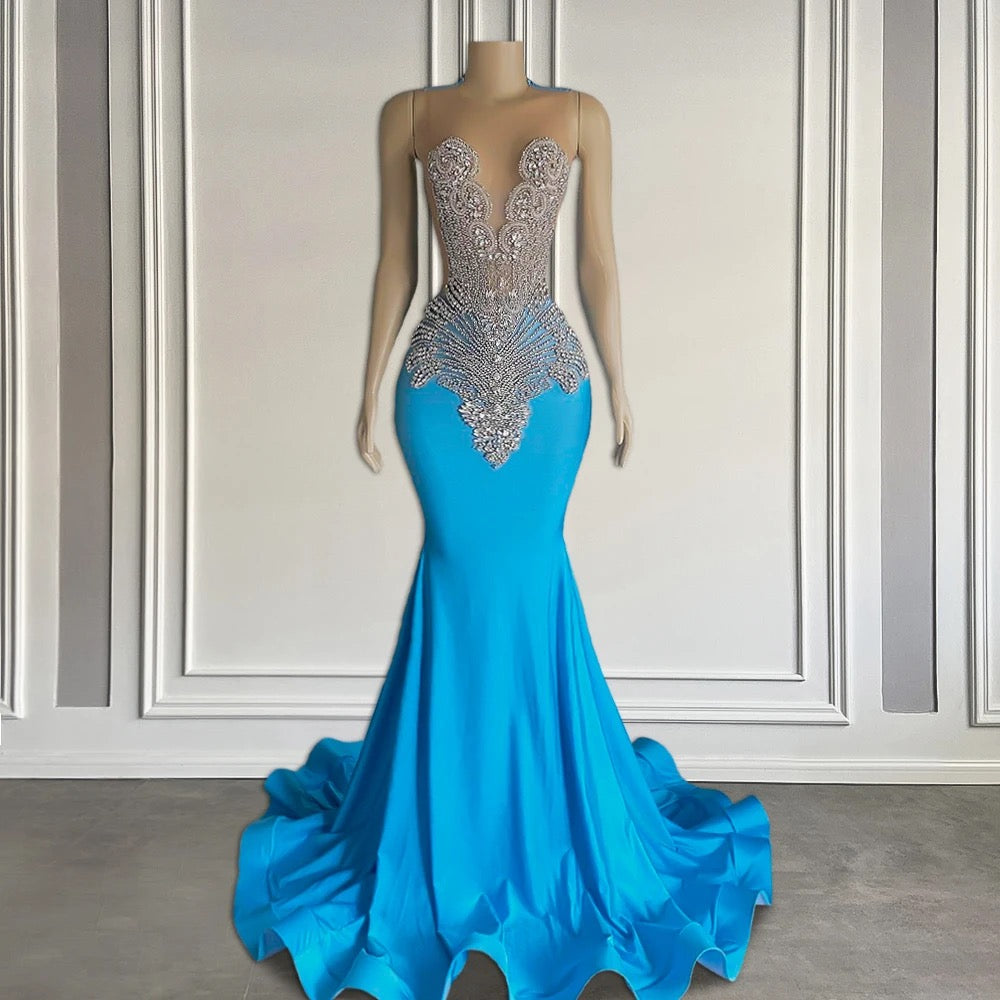 Silver Beaded Blue Satin Mermaid Prom Dresses