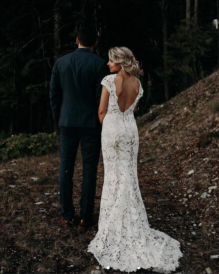 Cap sleeves Sexy Backless Lace Ivory Court Train Boho Wedding Dress