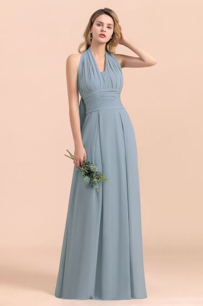 Grey Blue V-Neck Sleeveless Aline Wedding Guest Dress Simple Bridesmaid Dress Floor Length