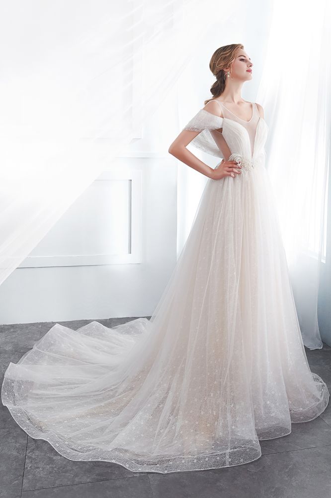 NANCY | A-line Sleeveless Floor Length Lace Ivory Wedding Dresses