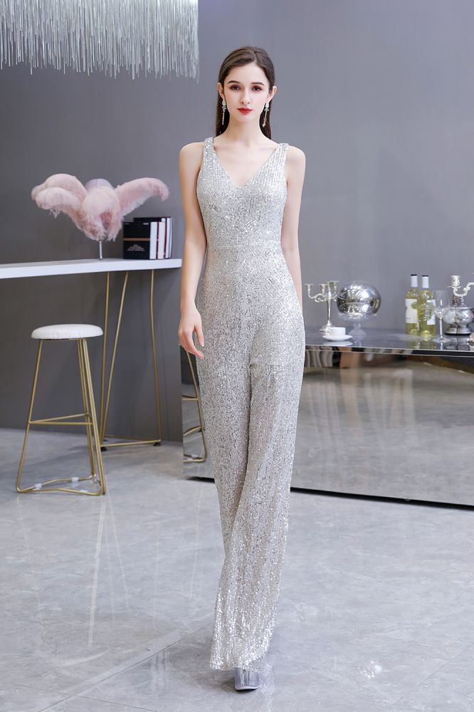 Sexy Shining V-neck Silver Sequin Sleeveless Prom Jumpsuit