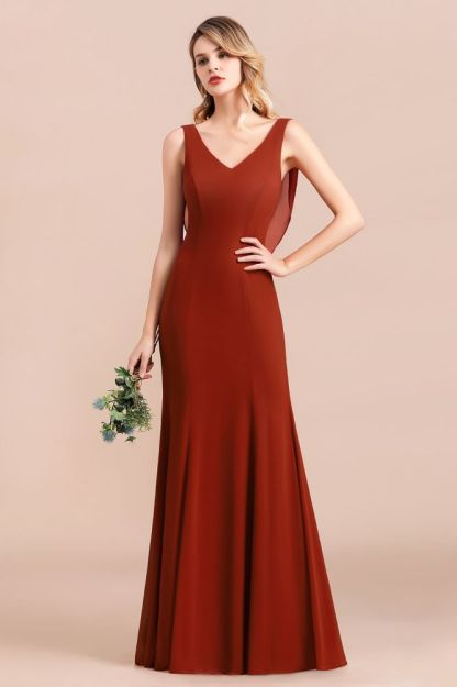 Burgundy V-Neck Aline Wedding Party Dress Sleeveless Bridesmaid Dress with Cape