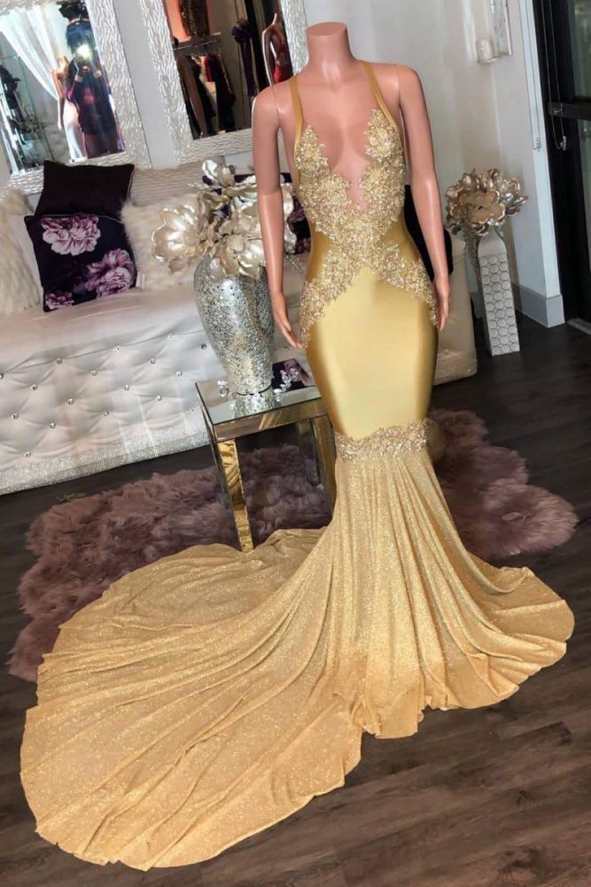 Stunning Golden Appliques Spaghetti Long Mermaid Evening Dresses