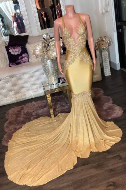 Stunning Golden Appliques Spaghetti Long Mermaid Evening Dresses