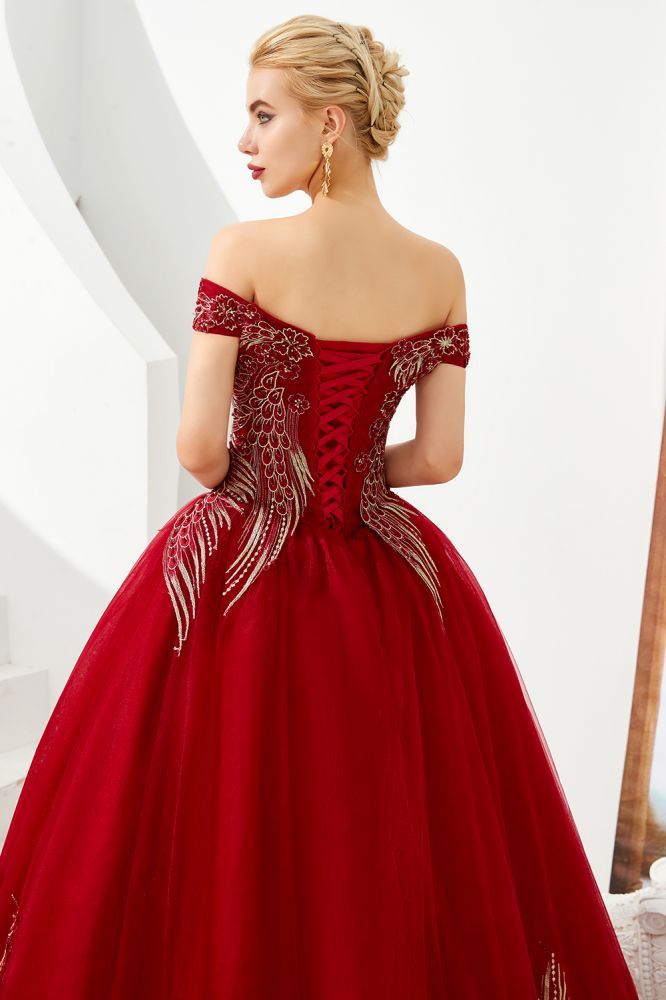 Henry | Elegant Off-the-shoulder Princess Red/Mint Prom Dress with Wing Emboirdery