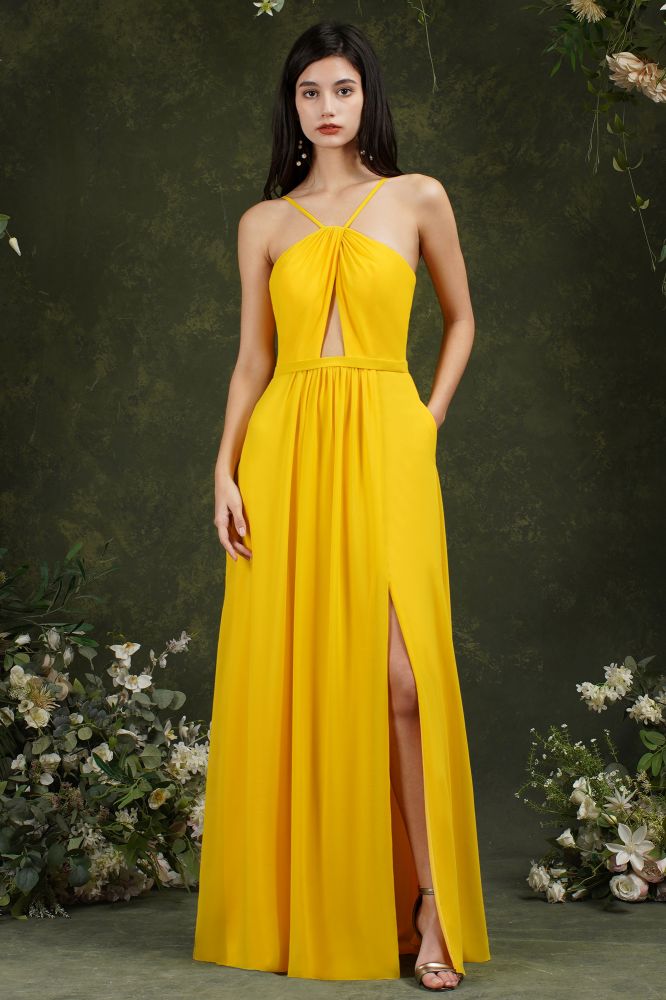 Chiffon Halter Spaghetti Straps A-Line Split Ruffles Bridesmaid Dress With Pockets