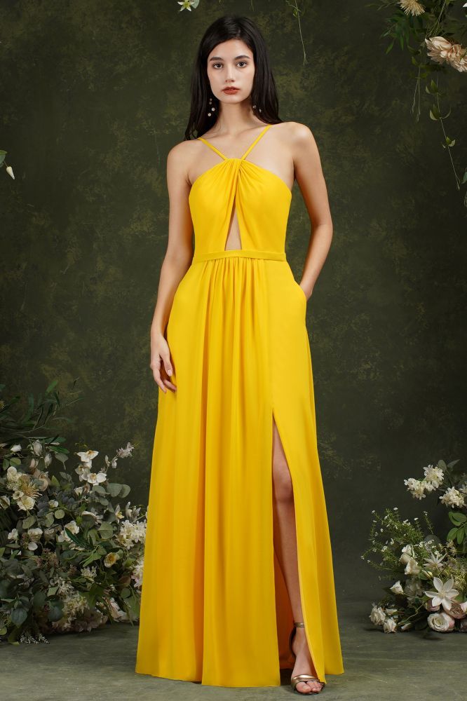 Chiffon Halter Spaghetti Straps A-Line Split Ruffles Bridesmaid Dress With Pockets