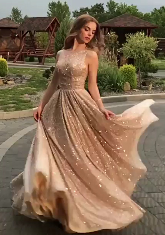 Open Back Champagne Gold Sequins Prom Dresses 2021 | Sleeveless Sexy Evening Gowns BC0562