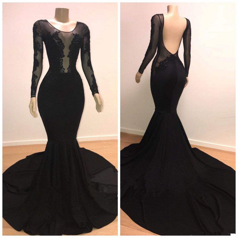 Unique Scoop Long Sleeves Backless Appliques Tulle Mermaid Prom Dresses