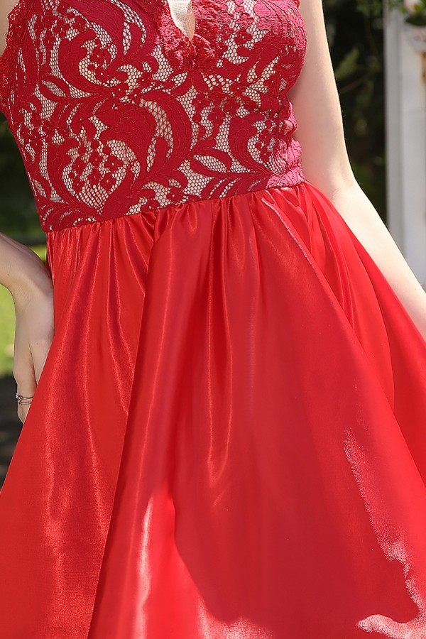 Red short homecoming dress with high low skirt