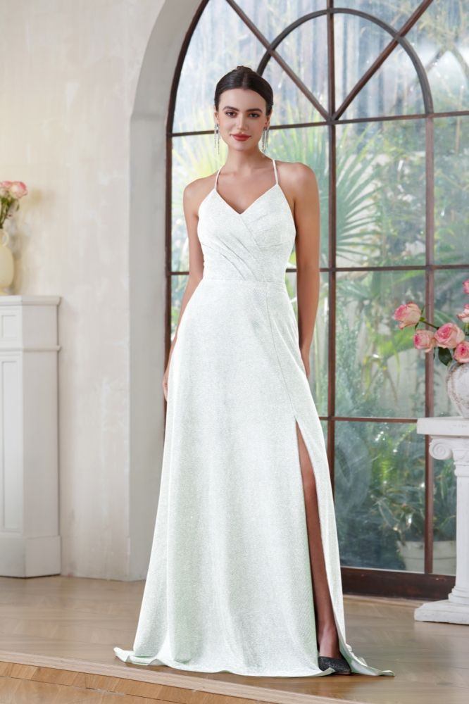 Sexy Halter Glitter Side Split Party Dress V-neck Long Prom Dress with Pocket