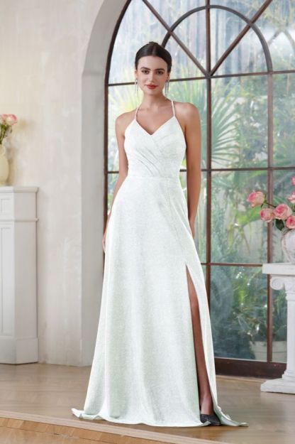 Sexy Halter Glitter Side Split Party Dress V-neck Long Prom Dress with Pocket