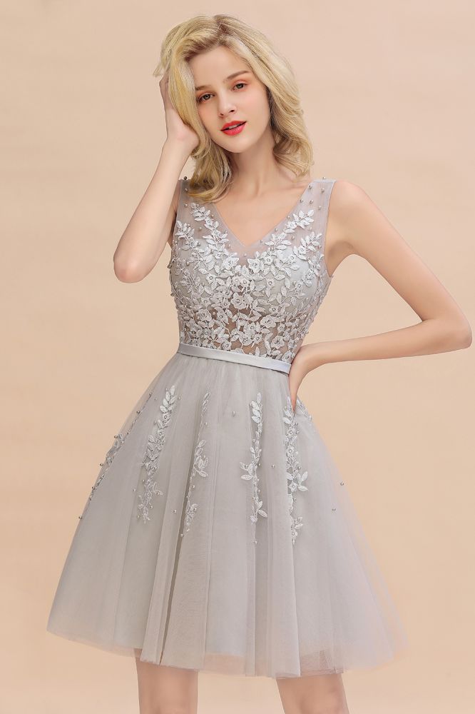 Sexy V-neck Lace-up Short Homecoming Dresses with Lace Appliques | Burgundy, Navy, Dusty pink Back to school Dress-Babyonlinewholesale
