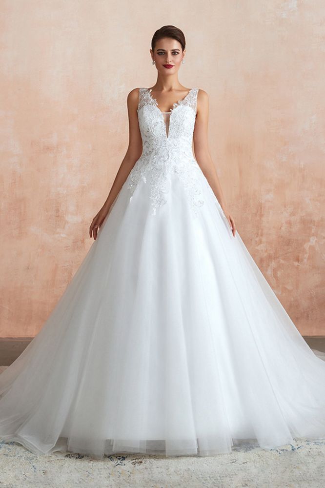Carly | Sexy Pluging V-neck Ball Gown Wedding Dress with Chapel Train, Affordable Bridal Gowns with see-through Lace Back-Babyonlinewholesale